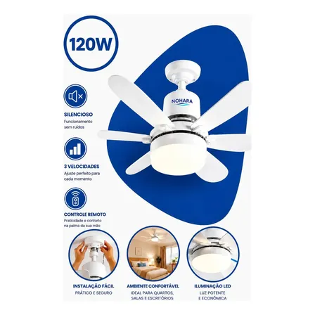Ventilador De Teto 120w 6 Pás 3 Velocidades Silencioso Econômico Controle Remoto Timer Luz Led Branco Interno Externo... 42 Cm 127/220v Plástico 50 Hz / 60 Hz