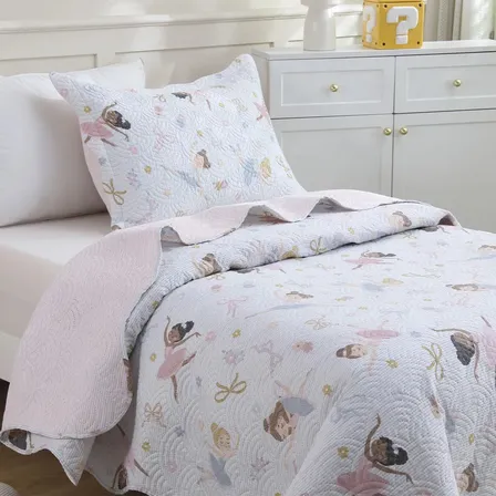 Kit Cobre Leito Colcha Solteiro Infantil 2 Peças Boutis Dupla Face Porta Travesseiro Aba Americana Bailarina Rosa