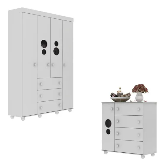 Kit Guarda-Roupas Infantil 4 Portas 3 Gavetas e Cômoda 1 Porta 4 Gavetas Pimpolho Multimóveis MP4209 Cor Branco