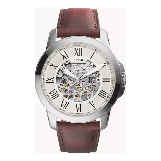 Fossil Grant Me3099 Reloj Skeleton Automático Piel Marrón Color de la correa Marrón oscuro Color del bisel Plateado Color del fondo Beige