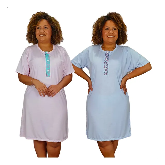 Kit 2 Camisolas Plus Size Com Botões Manga Idosa Gestante