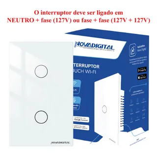 Interruptor Inteligente Wifi Novadigital 2 Teclas BotÔes Touch Tuya Smart Life Alexa Google 127/220v Branco Interruptor Inteligente Wifi Novadigital 2 Teclas BotÔes Touch Tuya Smart Life Alexa Google 127/220v Branco