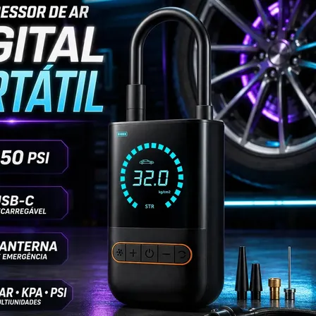Compressor de Ar Portátil Digital Double Wise para Carro Moto Bike USB-C