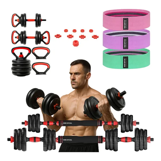 Kit Halteres E Anilhas Kettlebell Ajustáveis Academia Fit 6 Em 1 15kg Redfin + Brinde Incluso