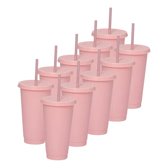 Kit 10 Vasos Reusables Con Popote 24 Oz Rosa Pastel