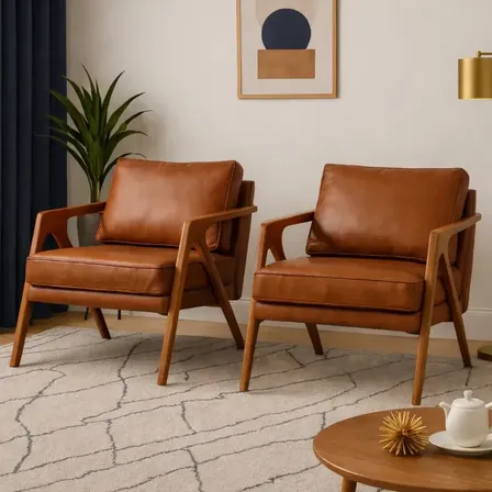 Poltronas Sala De Estar Recepção 2 Uni Corino Pés Madeira Terracota Liso