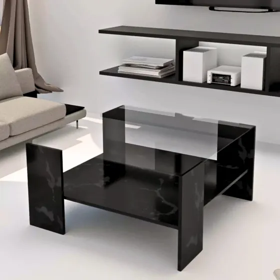Mesa De Centro Minimalista De Cristal Moderna 60cm Para Sala Mármol/negro