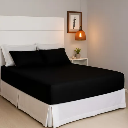 Jogo De Lençol Cama Queen Size 3 Peças Box Liso Com Elástico Malha 100% Algodão Cozzilar Toque Macio Hotel Pousada Preto