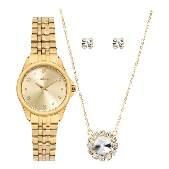 Kit Relógio Feminino Dourado Condor Dia A Dia Com Semijoia Fundo Champagne