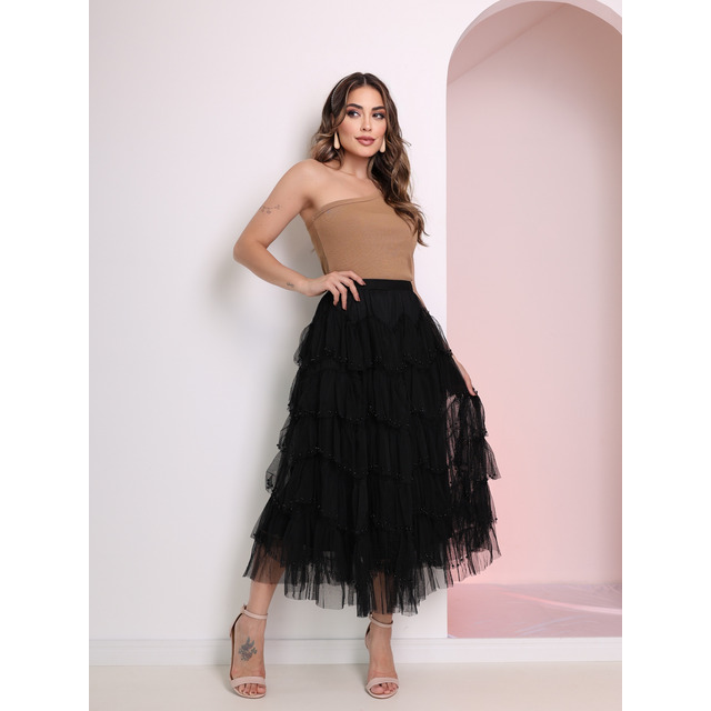 Saia De Tule De Camada Com 800 Perolas Alta Qualidade Wk-89 Saia De Tule De Camada Com 800 Perolas Alta Qualidade Wk-89