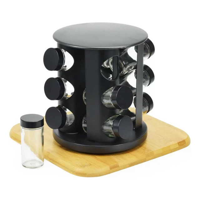 Porta Temperos Giratório Com 9 Potes De Vidro Cor Preto