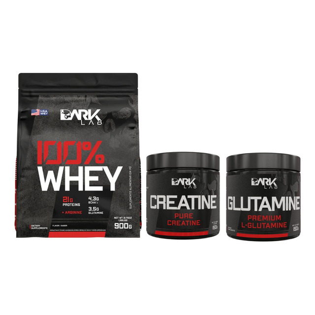Whey Protein 100% Morango 900g + Creatina 100% Pura 150g + Glutamina Sem Sabor 150g Dark L...