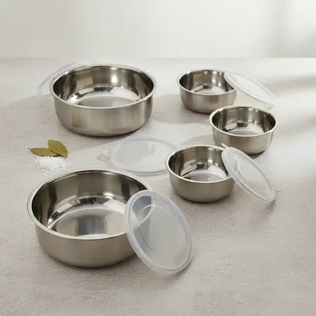 Tigelas De Inox Com Tampa Kit 5 Potes Geladeira Vazilhas Prateado