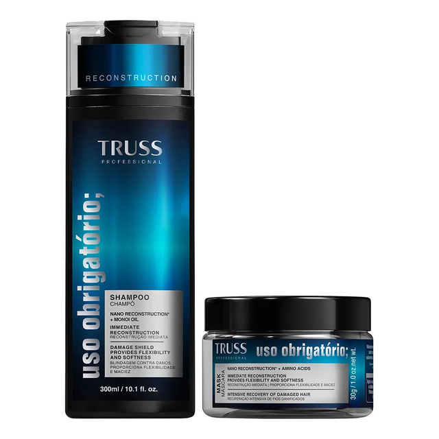 Kit Truss Uso Obrigatório contendo um frasco de shampoo de 300ml e um pote de máscara de 30g, ambos com embalagem azul e preta.