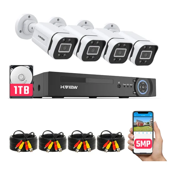 Kit H.view Hv-84ahd5001-1tb De Cámara De Videovigilancia Circuito Cerrado 5mp 4 Cámaras Exterior Disk 1000gb Dvr Color Blanco