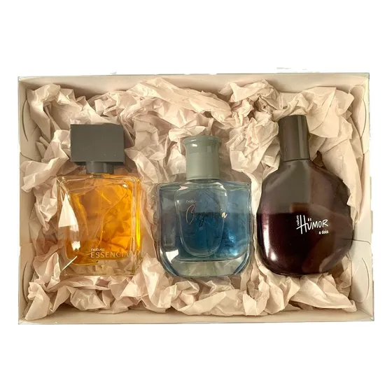 Kit Presente Natal Dia Dos Namorados Pais Com 3 Perfumes Masculino Miniatura 25ml Essencial Tradicional Biografia Clássico Da Natura E  Humor A Dois