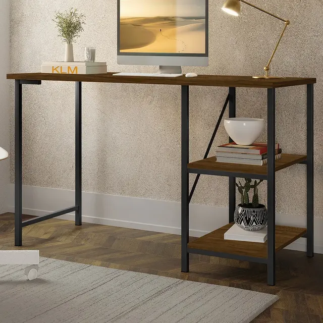 Mesa Escrivaninha Mesa Office Estudo Estilo Industrial Cor Preto Imbuia 1,10m KLM