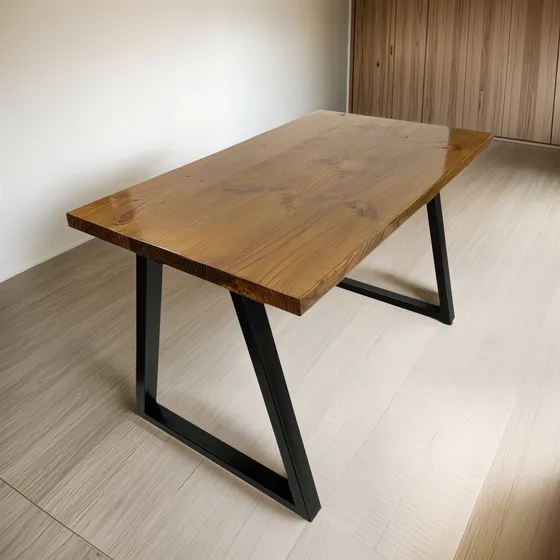 Mesa Comedor Estilo Industrial Con Cubierta De Madera Gruesa Marrón Claro Negro