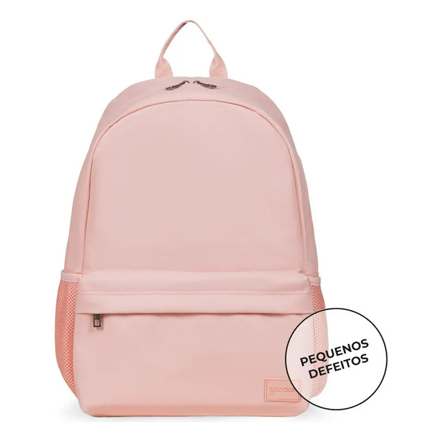Mochila GoCase modelo Pop na cor rosa, vista frontal, com etiqueta de outlet indicando pequenos defeitos