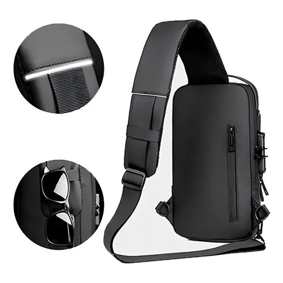Bolso Manos Libres Tipo Pechero Para Hombre Con Clave Color Negro Diseño de la tela Lisa