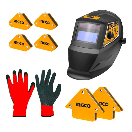 Set 6 Escuadras Magnéticas + Casco Careta Soldar + Guantes