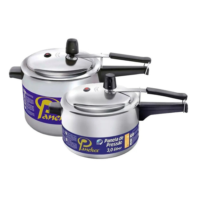 Kit com duas panelas de pressão Panelux Classic em alumínio polido, uma com capacidade de 3,0 litros e outra de 4,5 litros, posicionadas lado a lado.