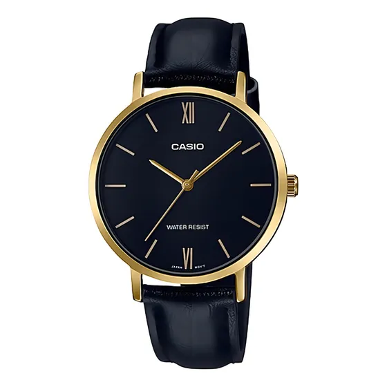 Reloj de pulsera Casio Dress LTP-VT01 de cuerpo color dorado, analógico, para mujer, fondo negro, con correa de cuero color negro, agujas color dorado, dial dorado, bisel color dorado y hebilla simple