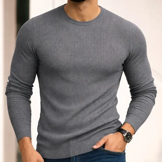 Camisa Masculina Camiseta Canelada Manga Longa Básica Casual