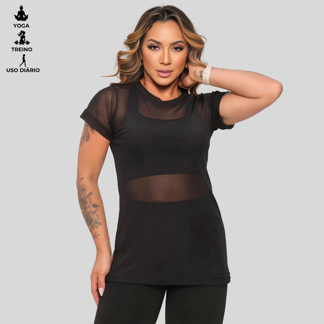 Blusa Feminina Moda Academia Transparente Fitness Tule Luxo Blusa Feminina Moda Academia Transparente Fitness Tule Luxo