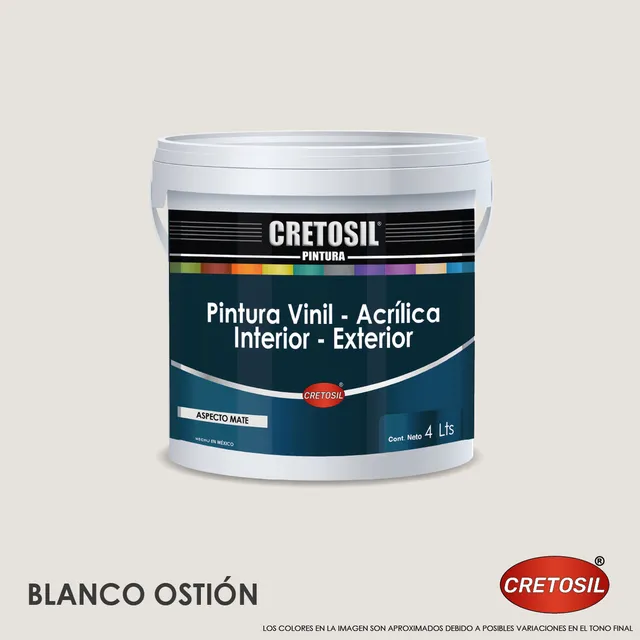 CRETOSIL Pintura Vinílica Acrílica para Interior y Exterior 100% Lavable Blanco Ostión 4 Lts Aspecto Mate Apto para Paredes Cemento Yeso Concreto Ladrillo Techos Madera Aplanados y más
