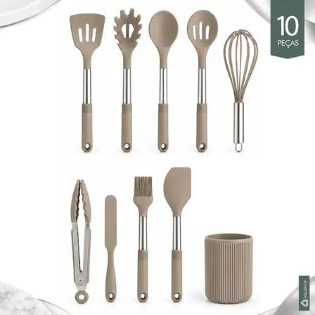 Kit Utensílios 10 Peças Cozinha Silicone Cabo Inox Tamanho Grande Jogo Completo Premium de Colheres Espatúlas Pegador Conjunto Funcional Com Suporte Resistente Não Enferruja Haushop Cor Greige