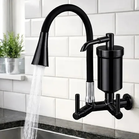 Forte Lar Torneira Gourmet Com Filtro De Cozinha Tubo Flexível De Parede Preto 1/4v Abs