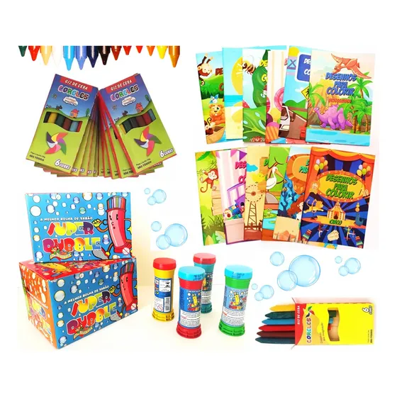 10 Livrinhos Colorir E Ativ/10 Cxs Giz Cera/10 Bolha Sabão 