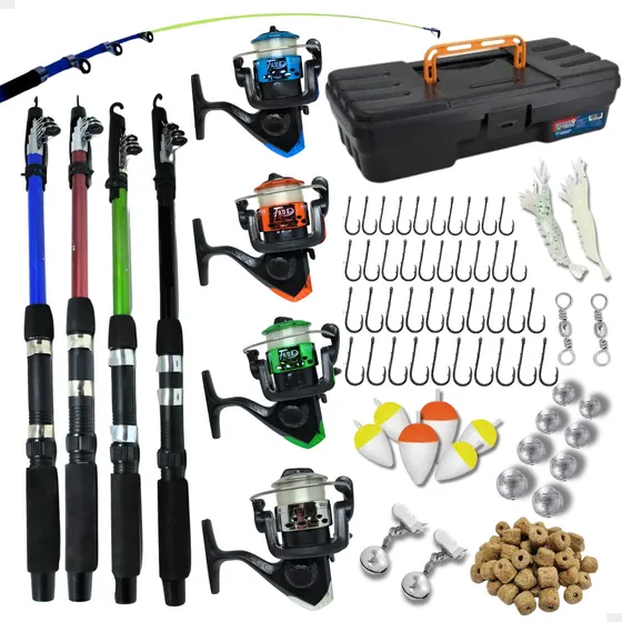 Pescamping Kit Pesca Completo 4 Varas Fibra De Vidro E 4 Molinetes Leve Com Linha - Maleta Com Acessórios Bóias Chumbadas Anzóis E Mais Tralha Quite De Pescaria