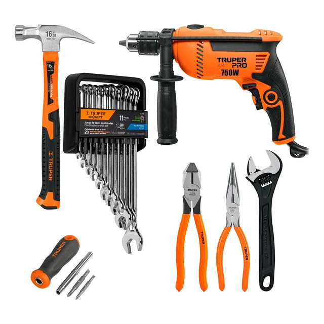 Kit De 16 Herramientas Llaves Combinadas + Martillo + Pinzas