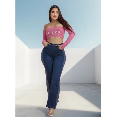 Jeans Palazo  Tiro Alto Elasticados Con Brillo Lateral