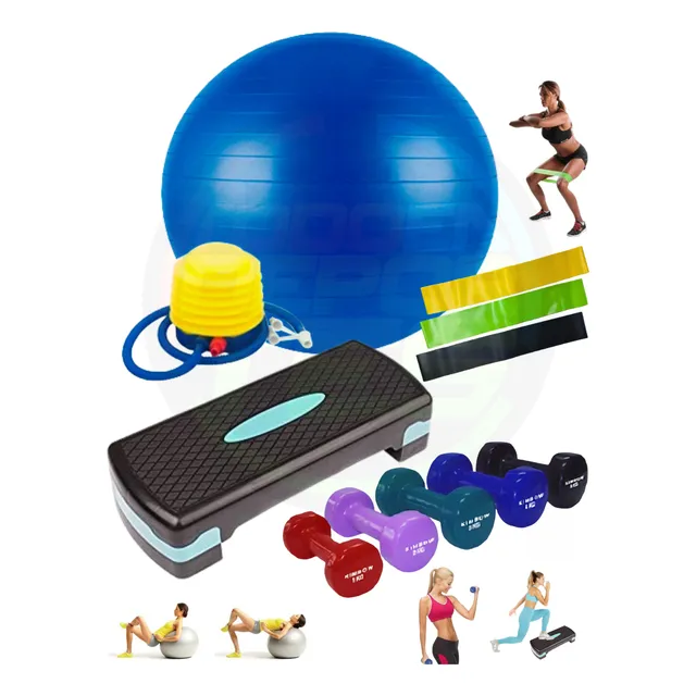 Kit Entrenamiento Fitness Banco Step Bandas Mancuernas Gym