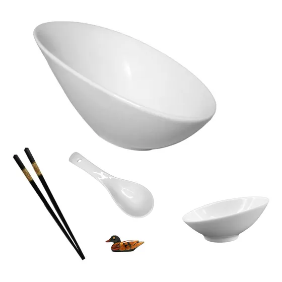 Set X5pz Plato Posa Palito Chino Salsero Cuchara Ceramica