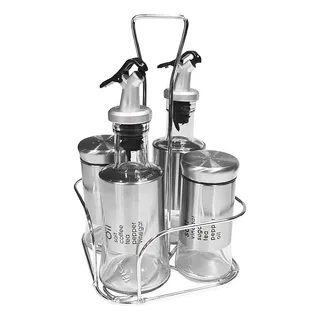 Galheteiro Inox Porta Azeite Vinagre Sal Com Suporte 5 Peças Galheteiro Inox Porta Azeite Vinagre Sal Com Suporte 5 Peças