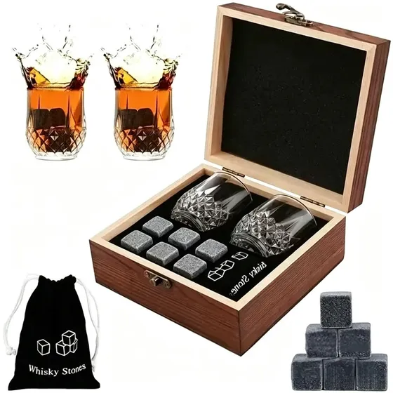 Conjunto De Uísque, Caixa De Madeira, 2 Copos E 30 Conjuntos Set Of Two Small Cups With Diamond Design