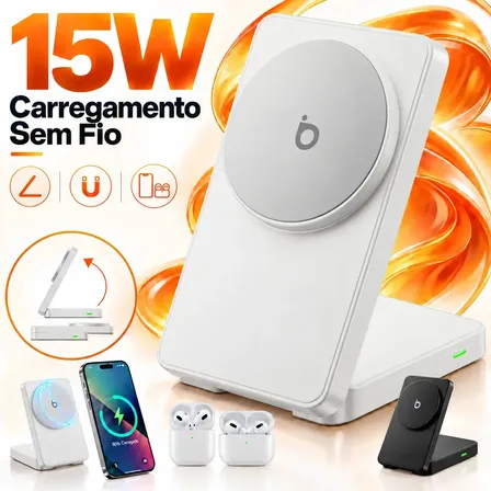 Carregador Sem Fio Magnético Basike 15W Turbo Dobrável Portátil com Base e Luz LED para iPhone, AirPods - Branco