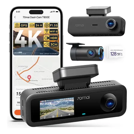 Câmera Veicular 70mai 4k Hdr 3 Canais T800e-1 Gps 24h App T800e-1 Com Sd 128g