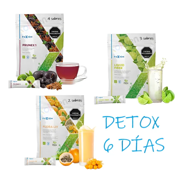 Kit Detox Fuxion 6 Dias | Prunex + Liquid Fibra + Flora Liv | Fibra Limpia Desintoxica Colon Intestino