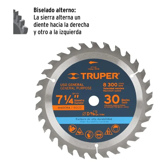 Disco Sierra Madera 7 1/4' X 30 Dientes Centro 5/8 Truper Color Acero