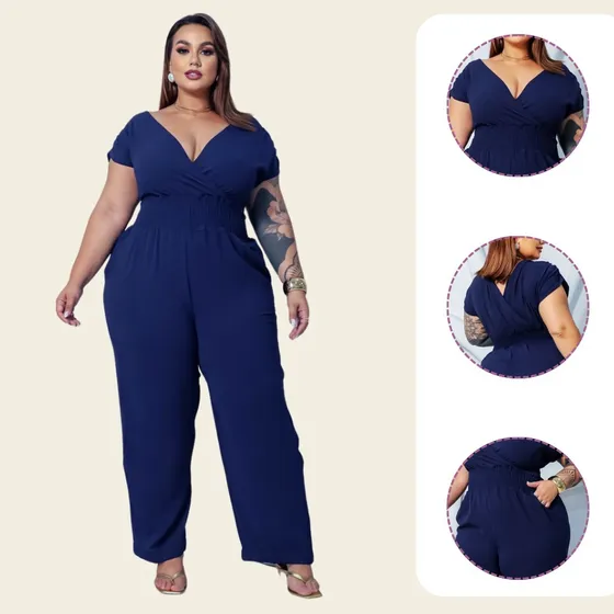 Macacão Pantalona Plus Size Transpassado Decote V