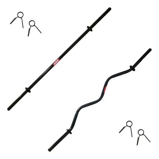 Kit Barra Recta + Barra Z Con Ahorcadores Ejercicio Fitness Color Negro