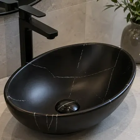 Cuba De Apoio Oval De Cerâmica 41x33 Mármore Preto Everfort Preto Fosco