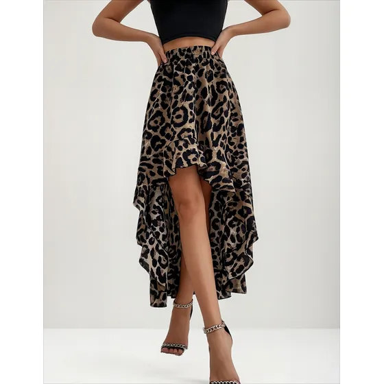 Falda Larga Con Estampado De Leopardo Con Dobladillo Irregul