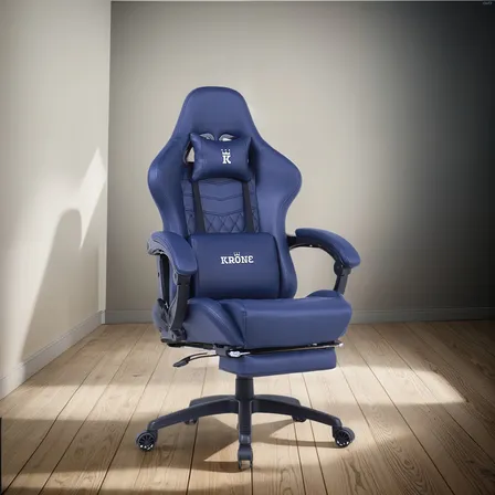 Silla Gamer Profesional Krone Xl Línea Premium Apoyapiés Color Azul Material Del Tapizado Cuero Sintético