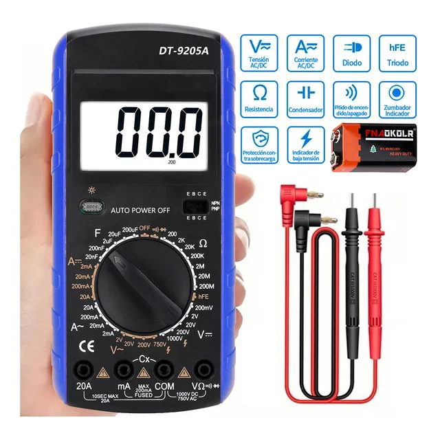 Multímetro digital portátil con pantalla LCD, AC/DC, capacitancia y resistencia, prueba de continuidad con pitidos REMATE 9205A